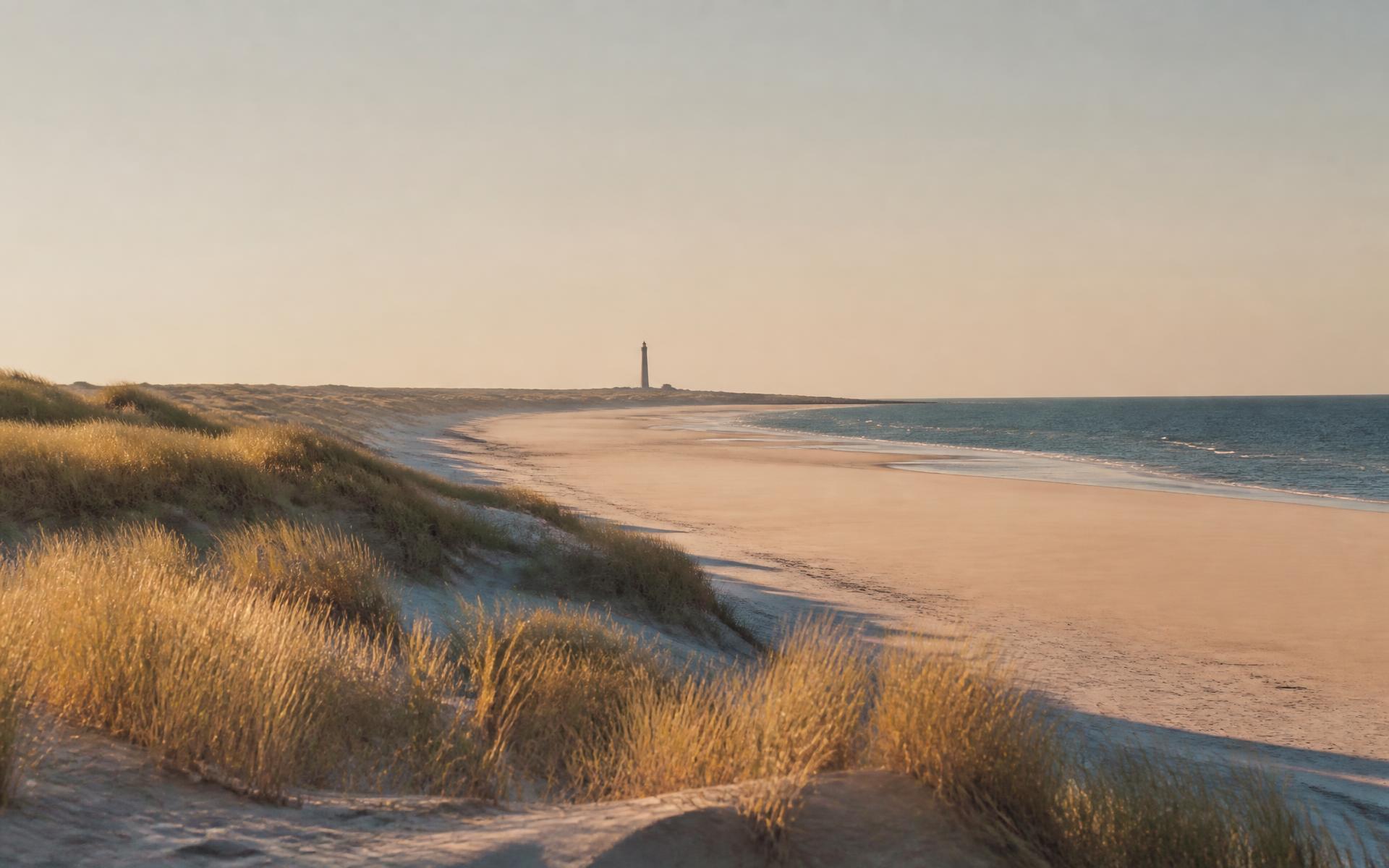 Ruhige ostfriesische Küste mit Dünen und einem Leuchtturm am Horizont